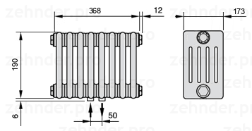 Схема (чертеж) Радиатор Zehnder Charleston 5019/8 №3470 Белый глянцевый RAL 9016